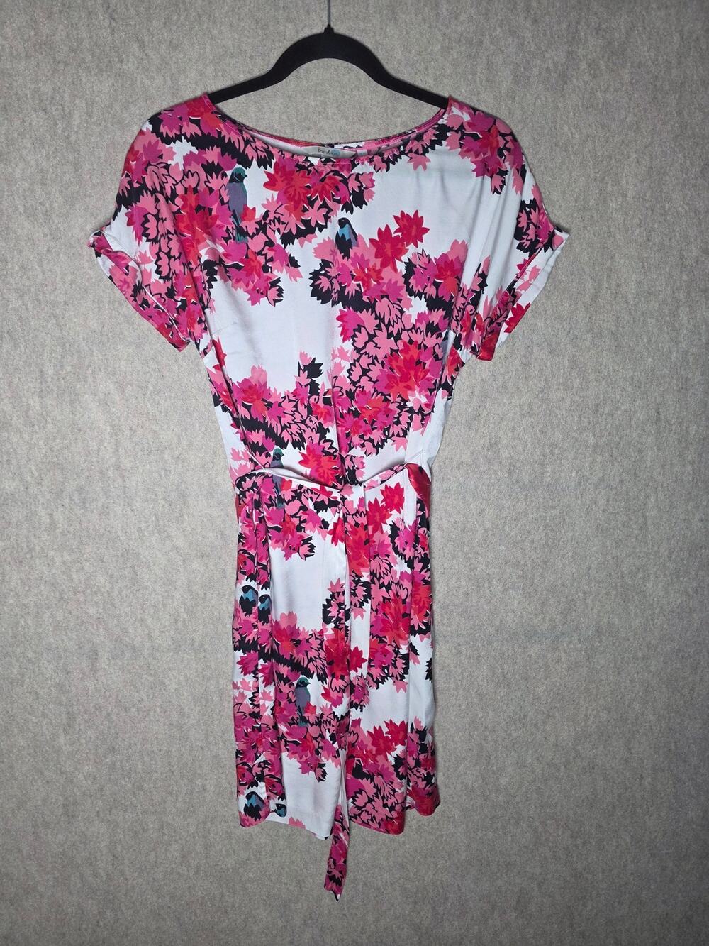 Boden US 6L Pink Floral Bird Shift Dress Cuffed Short Sleeve Viscose Casual